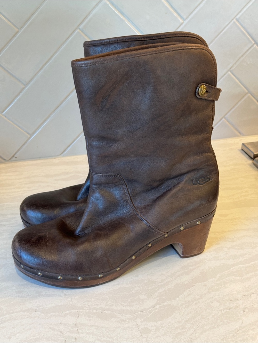 UGG Brown Leather Studded Clog Heeled Boots
